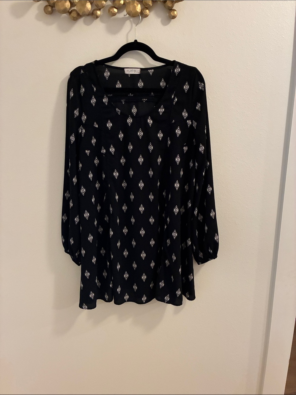 Women's Black Mini Dress with White Diamond Print and Long Sleeves